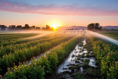 a wide-angle shot of an irrigation system watering a meadow at sunriseの素材