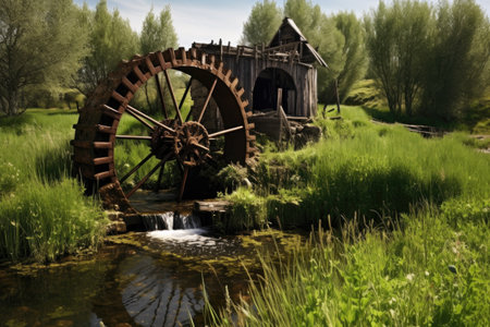 an old wooden irrigation water wheel in a grassy meadowの素材