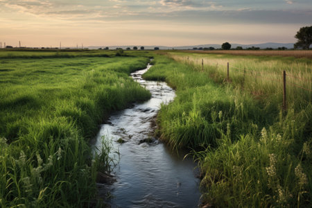 irrigation ditches full of water in a lush green meadowの素材
