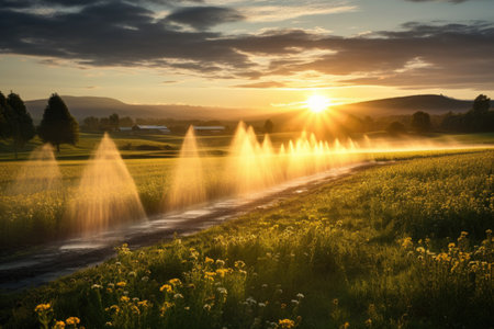landscape shot of a meadow with sprinklers in action during sunsetの素材
