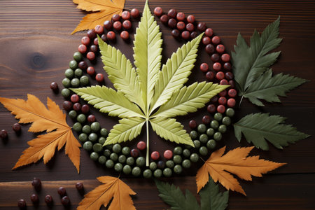 cannabis pills arranged in the shape of a leaf on a wooden tableの素材