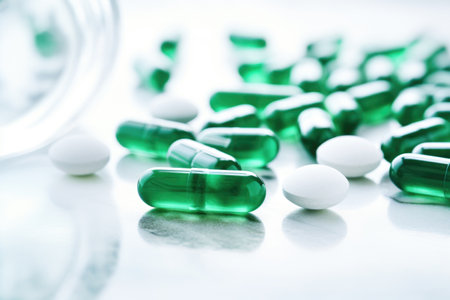 close-up of medical cannabis pills on a white lab tableの素材