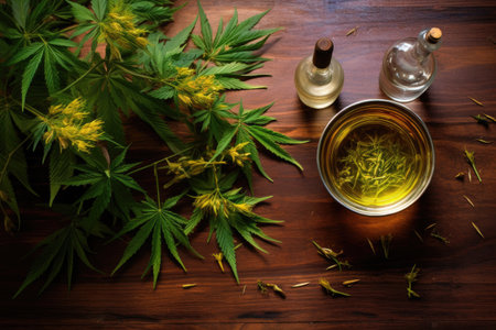 overhead shot of cannabis oil, buds, and leaves on a wooden tableの素材
