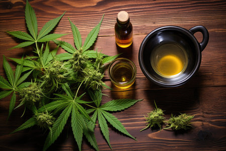overhead shot of cannabis oil, buds, and leaves on a wooden tableの素材