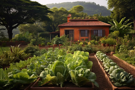 a terracotta-roofed villa with a lush vegetable garden in the foregroundの素材