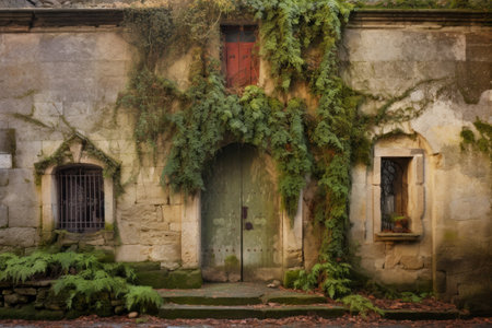 an old stone mediterranean house with moss-covered walls and ivy around the doorの素材