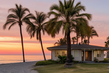 a beachfront house with a palm tree in the front yardの素材