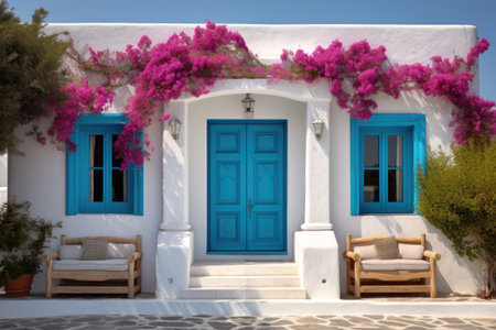 a white stucco villa with a vibrant blue door and window shuttersの素材