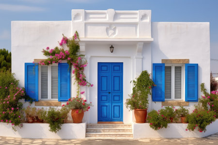 a white stucco villa with a vibrant blue door and window shuttersの素材