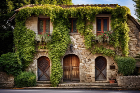 an old stone house with rustic wooden doors and climbing ivyの素材