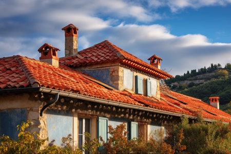 colorful terracotta roof tiles of a traditional mediterranean homeの素材