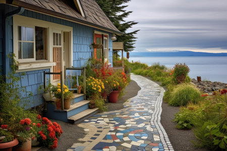 a coastal cottage with a tiled pathway leading to the sandy beachの素材
