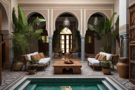 moroccan riad with intricate tile work and a courtyard poolの素材