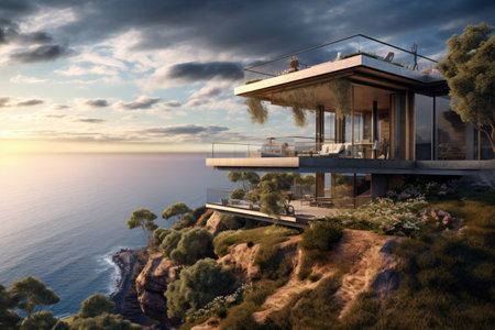 a hillside house with a panoramic sea view in the backgroundの素材
