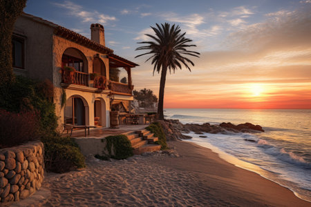 beachfront mediterranean house during sunsetの素材