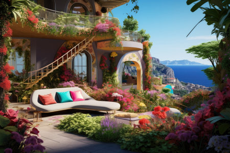 a hillside villa with a sea view, featuring a colorful gardenの素材