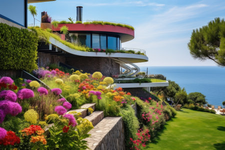 a hillside villa with a sea view, featuring a colorful gardenの素材