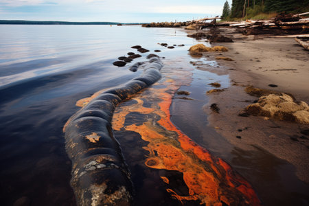 an oil spill spreading across the water near the shoreの素材