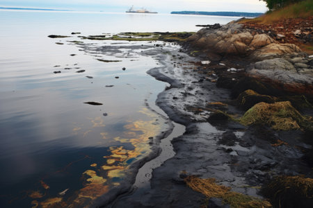 an oil spill spreading across the water near the shoreの素材