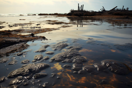 heavy oil spill spreading across the ocean surface near the coastの素材