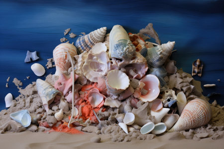 seashells and plastic debris mixed together on the beach sandの素材