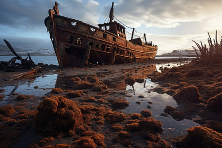 old, rusted shipwreck abandoned on a littered coastlineの素材
