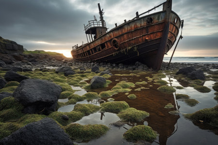 old, rusted shipwreck abandoned on a littered coastlineの素材
