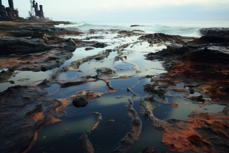 a wide shot of an oil spill spreading across the sea near the coastの素材