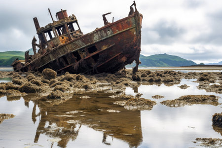 a rusty shipwreck protruding from the water at low tideの素材