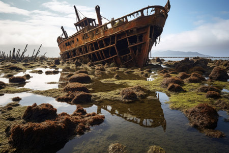 a rusty shipwreck protruding from the water at low tideの素材