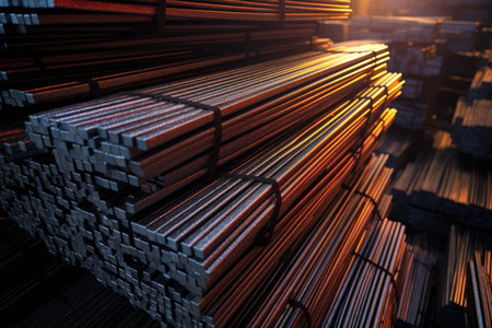 detailed view of stacked steel bars ready for shipmentの素材