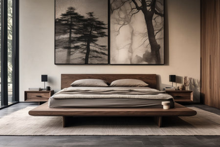 a bedroom with a low-profile, walnut bed frame and minimalist side tablesの素材