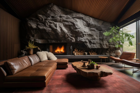 a den with a stone fireplace, a low-slung leather sofa, and a shag rugの素材