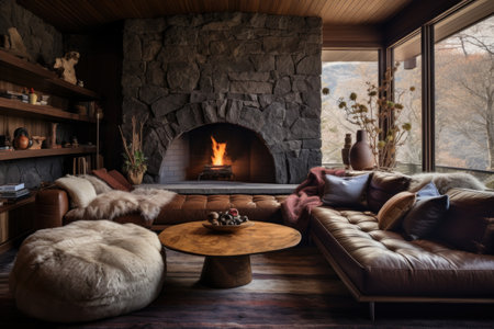a den with a stone fireplace, a low-slung leather sofa, and a shag rugの素材