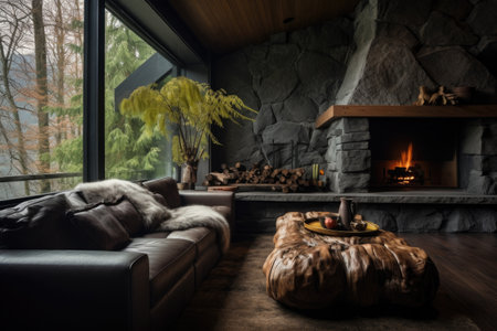 a den with a stone fireplace, a low-slung leather sofa, and a shag rugの素材