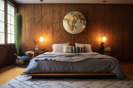 bedroom with a wood-paneled wall, platform bed, and globe lampの素材