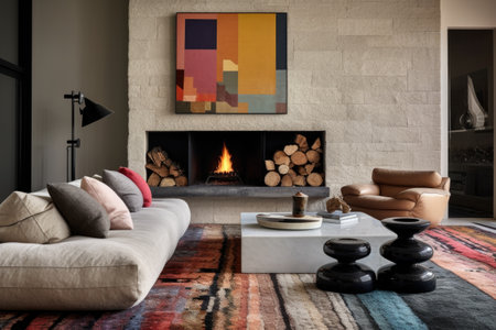 lounge corner with a freestanding fireplace, shag rug, and a collection of abstract artの素材