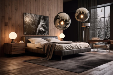 bedroom scene with a platform bed and globe pendant lightの素材