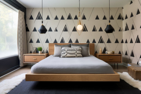 bedroom with a platform bed, geometric wallpaper, and pendant lightsの素材