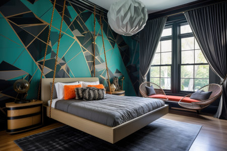 bedroom featuring a floating bed and geometric wallpaperの素材