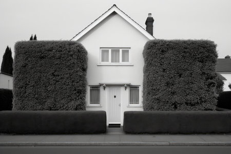 neatly trimmed hedge lining a monochrome house facadeの素材