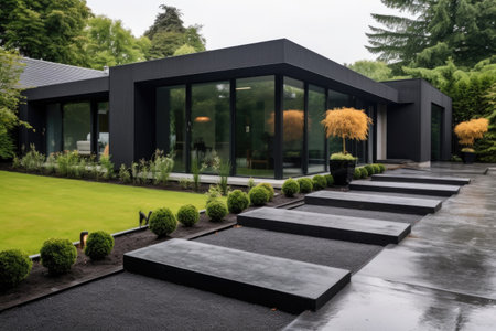 a flat-roofed black house with a clean concrete pathwayの素材