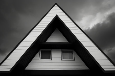a monochrome house with a simple geometric shape, shot from a low angleの素材