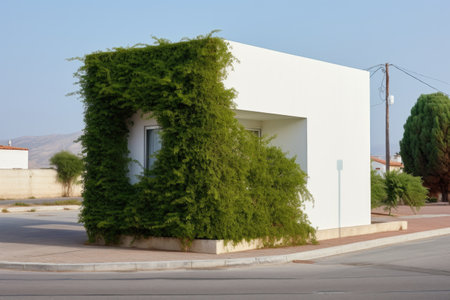 a white cubic house with a single green plant by the entranceの素材