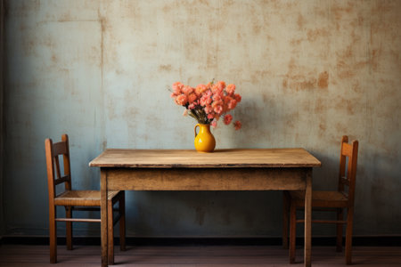 a wooden dining table with only two chairs, against a wallの素材