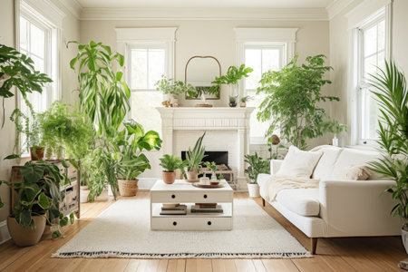 a white, clutter-free living room with a single green potted plantの素材