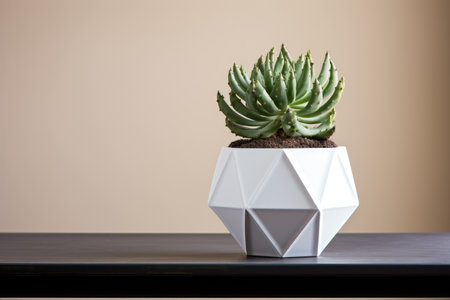 a clean, white table with a single succulent plant in a geometric potの素材