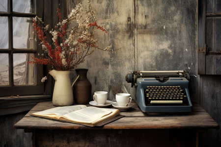a rustic table with a typewriter, a mug, and a stack of blank papersの素材