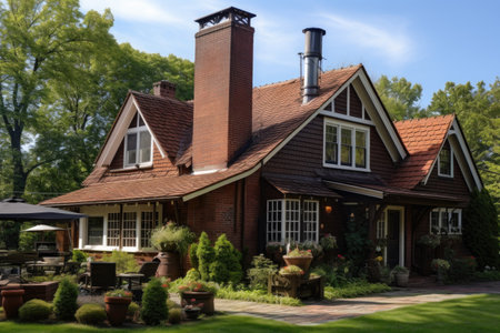 a farmhouse exterior with brick chimney and weather vane on the roofの素材