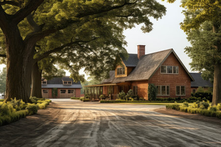 a large brick farmhouse with a gravel driveway and tall treesの素材